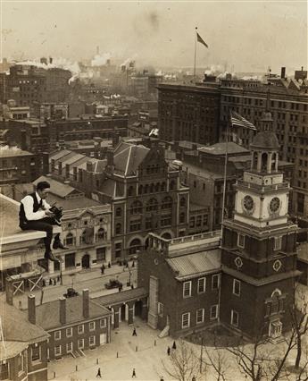 (DAREDEVIL PHOTOGRAPHER) A series of 6 photographs of Philadelphia photojournalist Walter Crail at the edges of various tall buildings